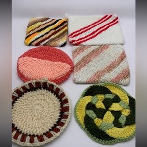 6 Vintage home-made crochet potholders/hotpads square/round/recrangle colorful
